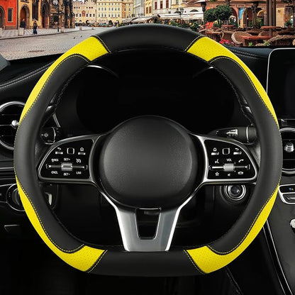 Microfiber Leather D Shaped Steering Wheel Cover, Breathable, Anti Slip, Universal 15 inch, Black with Yellow