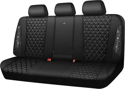 CAR PASS Bling Back Seat Cover, Waterproof Leather Bench Rear Seat Cover Shining Diamond Truck Glitter Crystal Sparkly Rhinestone Universal Fit Armrest Automotive Kid Women Girl, Black Diamond