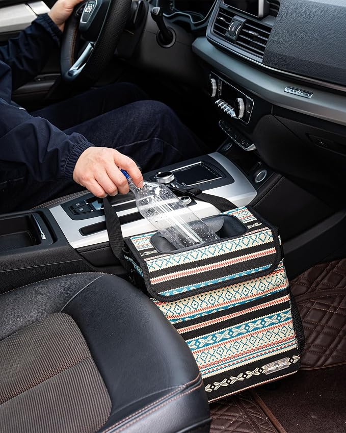 SIBOFUEGO Car Garbage Can Cute - Leak-Proof Car Trash Can with Lid and Storage Pockets, Car Trash Bin for Men and Women, Boho Aztec Essentials: Must-Have Car Interior Accessories (Beige Aztec Motif)