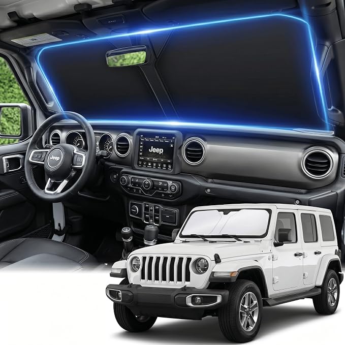 Windshield Sun Shade for Jeep Wrangler JL JLU & Jeep Gladiator 2018-2025 2026 Front Window Shade Custom Fit Sun Visor Foldable Shade Blocks UV Rays Summer Must Have Car Accessories