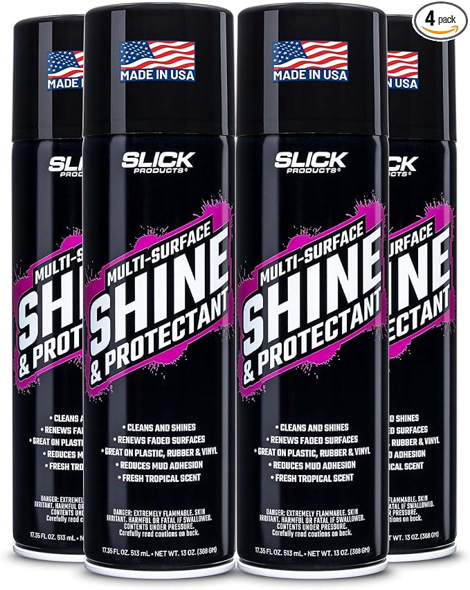 Slick Products Shine & Protectant Spray 17.35 FL OZ. - High Gloss Clear Coating Renew Vinyl, Plastic, Rubber, Trim, Tire, Car, Truck, Motorcycle, Dirt Bike (4-Pack)