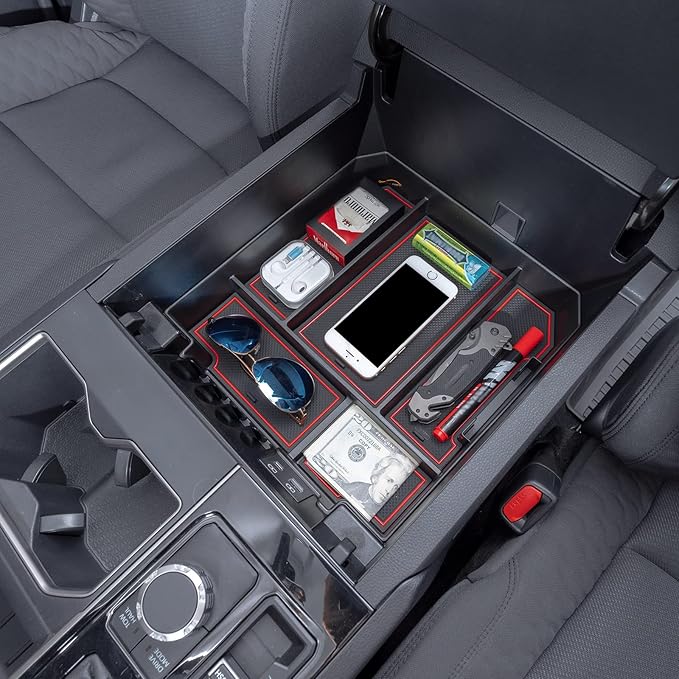 JDMCAR Center Console Organizer Compatible with 2022 2023 2024 2025 2026 Toyota Tundra Accessories and 2023-2026 toyota sequoia Armrest Secondary Storage Box ABS Material with Non-Slip Mats (Red Trim)