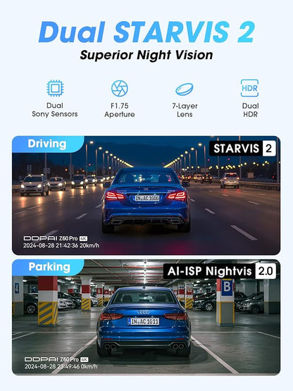 DDPAI 4K Dash Cam Front and Rear, Dual STARVIS 2 IMX678 IMX662 Dashcam,4K+1080P HDR Car Camera With Bulit-in 32G eMMC, 3K/60FPS,4G LTE Support,5G WiFi GPS, 3" IPS,Night Vision,24H Parking Mode,Z60 Pro