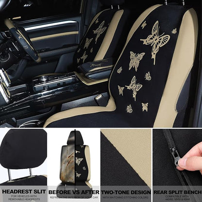 BBTO 43 Pcs Butterfly Car Seat Full Set Butterfly Car Accessories for Women 5 Front Rear Seat Covers Wrist Strap 2 Pcs Cup Mat Armrest Pad 2 Belt Xmas Cover Accessories for SUV(Cream-Colored)