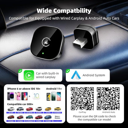 2026 New Wireless CarPlay Adapter for Apple iPhone ＆Android Auto 2 in 1, Mini USB CarPlay Dongle Wired to Wireless, Fast Connection, Compatible with iOS 10+ & Android 11+, Plug and Play (Black)