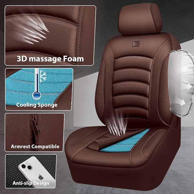 CAR PASS 3D Foam PU Leather Car Seat Covers, Universal Seat Covers Full Sets for Trucks SUV Sedan Automotive Seat Covers Armrest Airbag Compatible Waterproof Comfortable Faux Nappa Leather All Brown