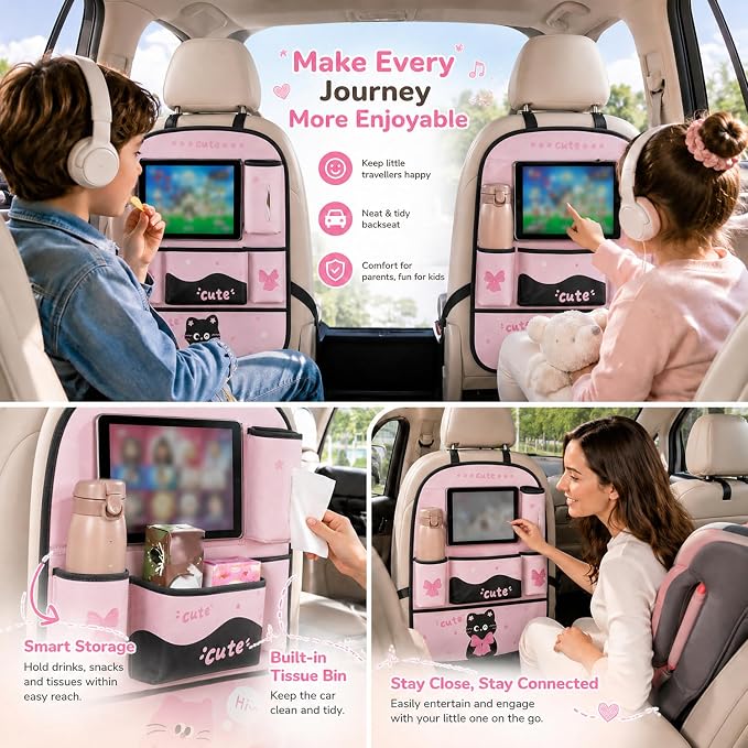 YUNZLAN Pink Black Backseat Car Organizer, Leather Kick Mats Back Seat Protector Organizer with Touch Screen Tablet Holder for Kids Travel Accessories