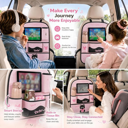 YUNZLAN Pink Black Backseat Car Organizer, Leather Kick Mats Back Seat Protector Organizer with Touch Screen Tablet Holder for Kids Travel Accessories