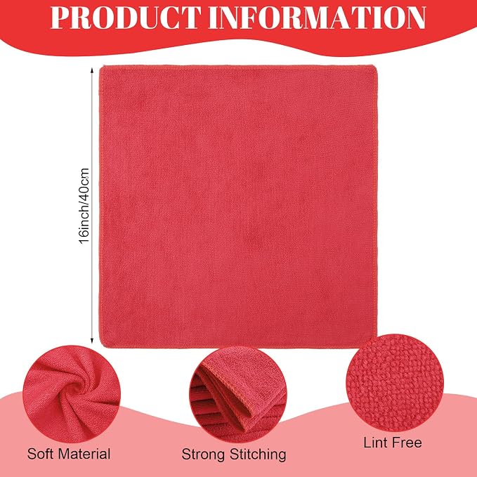 Nuenen 60 Pcs Microfiber Cleaning Cloths for Cars 16 x 16 Inch Ultra Absorbent Car Towels Drying Reusable Cleaning Supplies House Kitchen Window Microfiber Towel (Red)