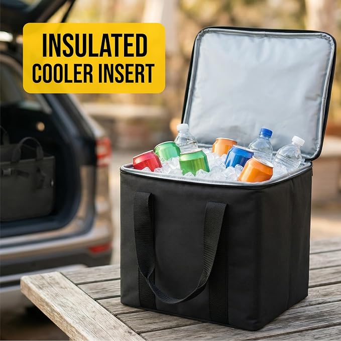 Insulated Car Trunk Cooler – Thermal Bag for Groceries & Travel, Leak-Resistant, Fits Trunk Organizer Compartments, Heavy Duty 1680D – Black
