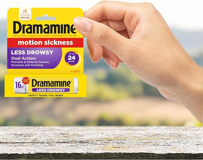 Dramamine Motion Sickness Less Drowsy, for Nausea Relief During Travel, 16 Count
