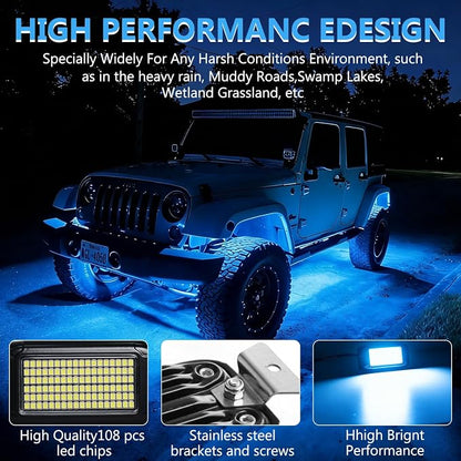 Nicoko 108 High-Power LEDs per Pod 4Pods Pure Blue Rock Lights Ultra-Bright Offroad Underglow Kit Advanced Heat Dissipation IP68 Waterproof for Truck, SUV, UTV, ATV, RZR