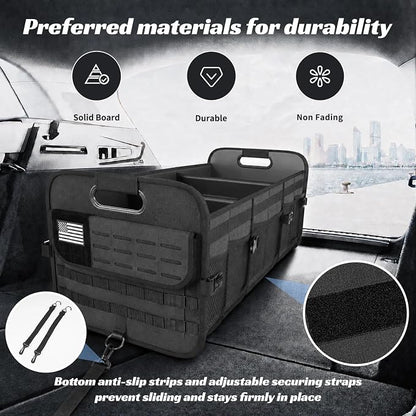 Sposuit Car Trunk Organizer for SUV - 105L Collapsible Tactical MOLLE Car Storage with Reinforced Handles & Multiple Pockets, Sturdy Trunk Organizers for Groceries, Tools & Outdoor Storage (Black)