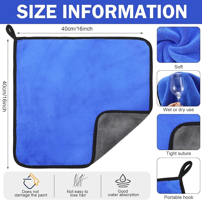 Tallew 12 Pcs Microfiber Towels for Cars, 800 GSM Plush Drying Cleaning Cloth Bulk, 16 x 16 Inch Thick Absorbent Wash Detailing Towels for Car Polishing, House, Kitchen Cleaning(Gray and Blue)