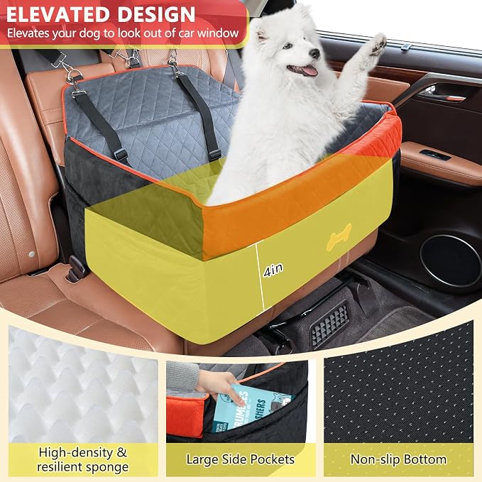 Dog Car Seat for Medium Large Dogs, Detachable Washable Pet Booster Seat with Memory Foam Cushion, Side Pockets, 2 Clip-On Safety Leashes Pet Car Seat for Dog Up to 60 lbs/2 Small Dogs-Black