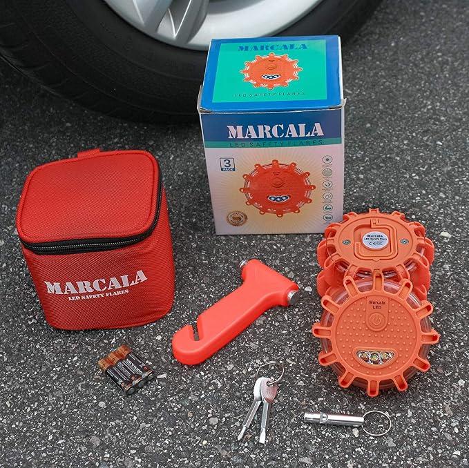 Marcala 3‑Pack LED Road Flares | DOT Compliant Emergency Lights for Vehicles with Batteries, Whistle & Case | Flares Emergency Road | Emergency Flares | Perfect For Gifting or Everyday Roadside Safety