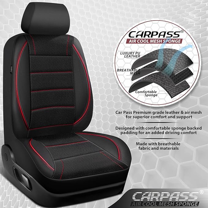 CAR PASS Mesh Leather Car Seat Covers Full Set,Breathable Mesh Faux Leather Seat Covers for Car, Universal Fit for SUV Truck Sedan Automotive, Airbag Compatible, Black and Red