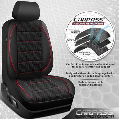 CAR PASS Mesh Leather Car Seat Covers Full Set,Breathable Mesh Faux Leather Seat Covers for Car, Universal Fit for SUV Truck Sedan Automotive, Airbag Compatible, Black and Red