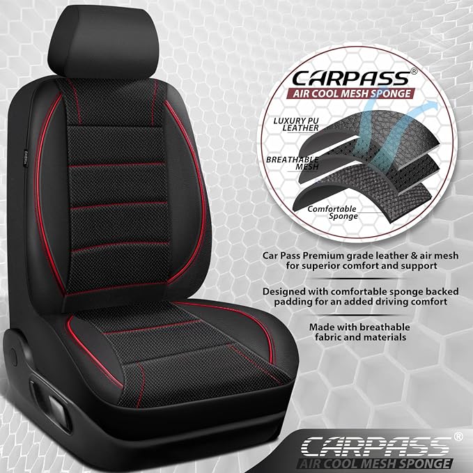 CAR PASS Air Mesh Leather Car Seat Covers Front Seats, Breathable Two Front Seat Covers for Cars, Comfortable Universal Fit for SUV Truck Sedan Automotive, Anti-Slip Airbag Compatible,Black and Red