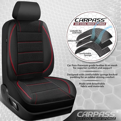 CAR PASS Air Mesh Leather Car Seat Covers Front Seats, Breathable Two Front Seat Covers for Cars, Comfortable Universal Fit for SUV Truck Sedan Automotive, Anti-Slip Airbag Compatible,Black and Red