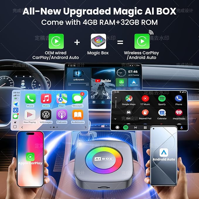 3-in-1 Wireless CarPlay/Android Auto Adapter Compatible with Netflix/YouTube/TikTok for iPhone & Android, Plug & Play Dongle for Car with Wired CarPlay, Smart AI Box with WiFi and Bluetooth 5.3