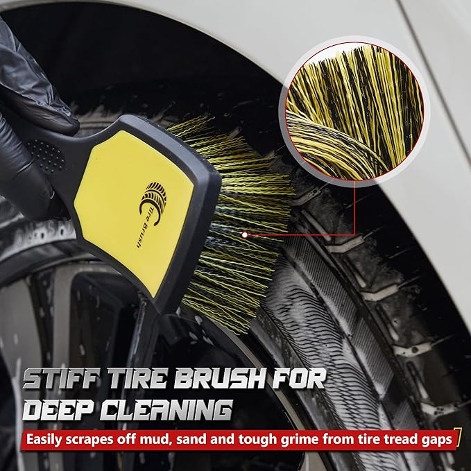 BMLEI Wheel & Tire Brush Set, 2 Pack Car Wheel Brush & Tire Cleaner Brushes, Soft Bristle Rim Brush and Stiff Tire Scrub Brush, Scratch-Free Wheel Cleaning Kit for Car Detailing, Trucks, SUVs