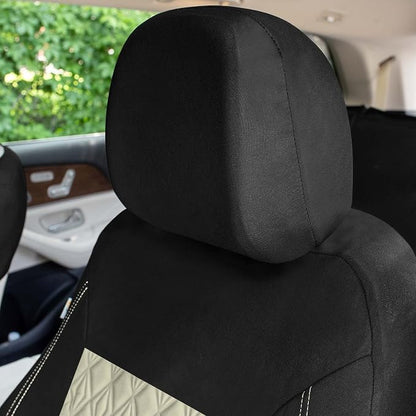 Universal Fit Diamond Stitched Flat Cloth Car Seat Covers Full Set - Beige