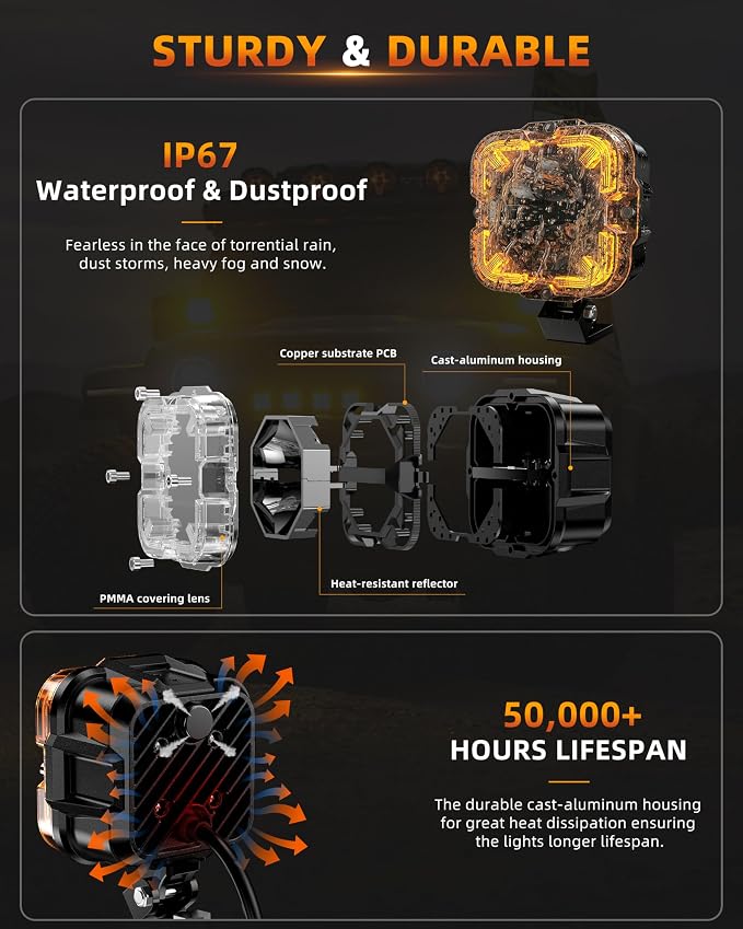 4 Inch LED Pods Off Road Lights, 90W 12000LM Amber Fog Lights with X DRL & Wiring Harness, IP67 Waterproof Spot Flood Combo for Trucks SUV ATV UTV - 2PCS