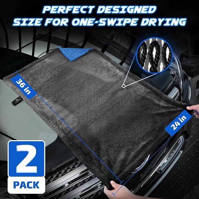 SMINDER 2-Pack 1200 GSM Car Drying Towels – Microfiber Towels for Cars (36" x 24"), Ultra-Absorbent, Streak-Free, Scratch-Free, No Water Spots, Double-Twist Pile & Edgeless Design(Blue)