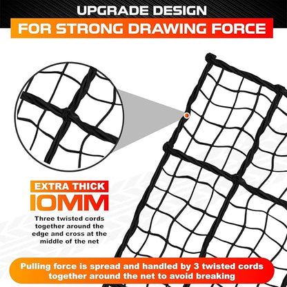 [Premium] 5'x7' Heavy Duty Cargo Net Stretches to 10' x 14', Extra Thick 10mm Cord Bungee Cargo Netting for Pickup Truck Bed, Roof Rack Net & 12 PCS Steel Carabiners