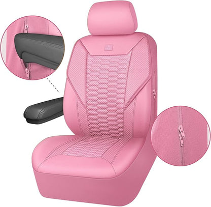 CAR PASS 3D Foam Mesh Leather Car Seat Covers Full Set, Pink Breathable Mesh Faux Leather Seat Covers for Women, Universal Fit for Car SUV Truck Sedan Automotive, Armrest Airbag Compatible, All Pink