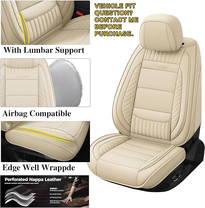 Leather Seat Covers, Beige Car Seat Covers Front Pair, Breathable Car Seat Protectors, Wear-Resistant Car Accessories, Universal Fit for Most Cars,SUVs Truck (Beige-Stripes, Front Pair)