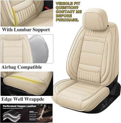 Leather Seat Covers, Beige Car Seat Covers Front Pair, Breathable Car Seat Protectors, Wear-Resistant Car Accessories, Universal Fit for Most Cars,SUVs Truck (Beige-Stripes, Front Pair)
