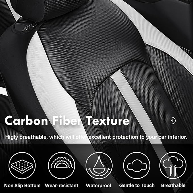 Coverado Leather Car Seat Covers Front Seats & Carbon Fiber, Waterproof and Durable All Weather Protector, Universal Fit for SUV, Pickup Truck, Sedan, Automotive Vehicle Interior, Black&White