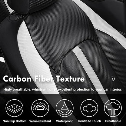 Coverado Leather Car Seat Covers Front Seats & Carbon Fiber, Waterproof and Durable All Weather Protector, Universal Fit for SUV, Pickup Truck, Sedan, Automotive Vehicle Interior, Black&White