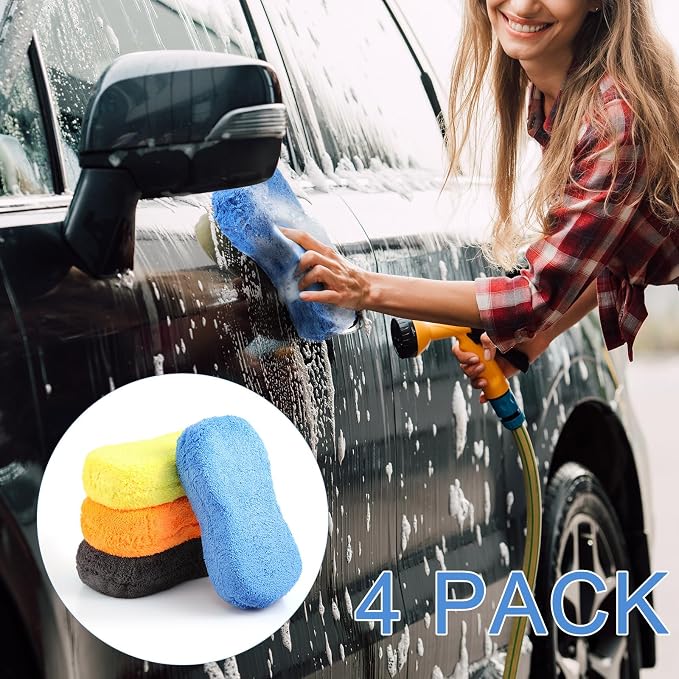 Tanlade 4 Pcs Large Car Wash Sponge for Cleaning, The Microfiber Sponges for Car Washing Supplies, Trucks and Motorcycles (Orange,Blue,Yellow,Gray)