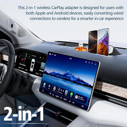 2-in-1 Wireless CarPlay & Android Auto Adapter - Upgraded Car Play Mini Wired to Wireless Adapter | Plug & Play, Stable Connection No Latency for iPhone＆Android,Orange