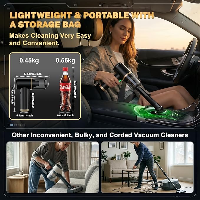 Cozylady Handheld Car Vacuum Portable Cordless, High Power 6 in 1 Vacuum Cleaner & Air Duster & Air Blower with 4000mAh Brushless Motor and Multi-Nozzles for Car, Home, Office, Camping, Pet (25kpa)