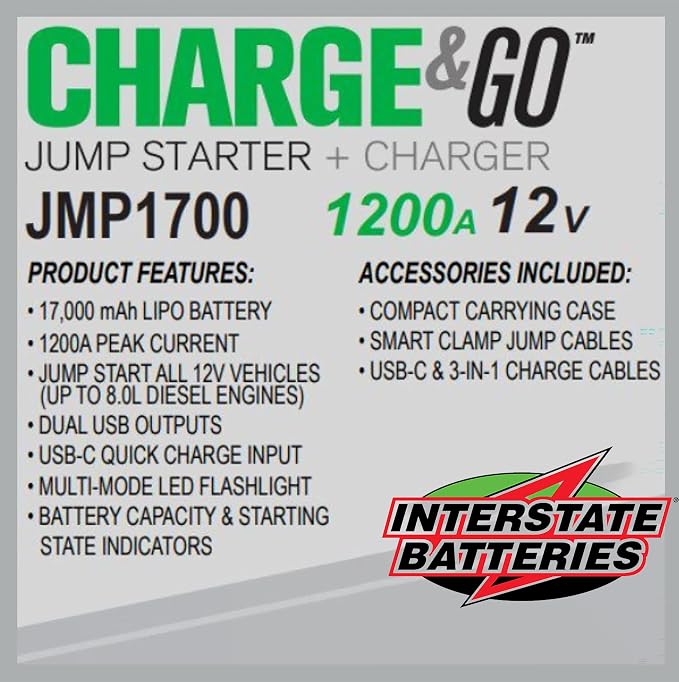 Interstate Batteries 12V Jump Starter and Charger 1200A (17,000mAH, 17Ah) Portable LED Jumpstart Battery Power Pack for 12 Volt Automotives, USB Electronics (JMP1700)