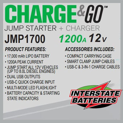 Interstate Batteries 12V Jump Starter and Charger 1200A (17,000mAH, 17Ah) Portable LED Jumpstart Battery Power Pack for 12 Volt Automotives, USB Electronics (JMP1700)