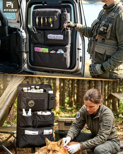 All in One Car Seat Back Organizer, Heavy Duty Molle Panel Seat Back Protector with Multi-Pockets Storage for Tools, Camping, Travel, Fit Most Cars SUV Trucks Jeeps Pickups