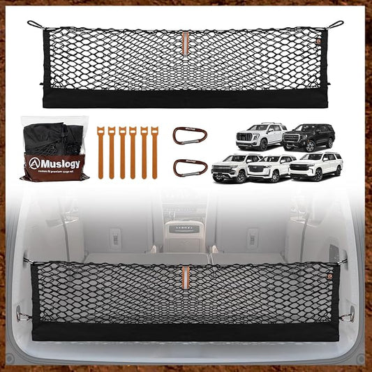 Muslogy Truck Bed Cargo Net Trunk Netting Compatible with 2021-2026 Chevy Suburban&Tahoe|GMC Yukon&Yukon XL| Escalade Accessories, Pickup Cargo Organizer SUV Sedan Storage Net w/Heavy Duty Carabiners
