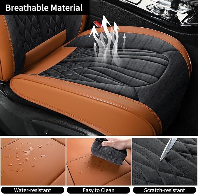 MINGBRON Car Seat Covers Front Seats, Car Seat Protector Waterproof, Car Seat Cushion Nappa Leather, Driver Seat Cover Brown Carseat Cover Universal Fit for Most Cars Brown&Black