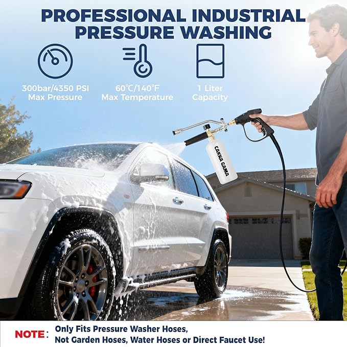 Foam Cannon Dual Connector for Pressure Washer, Industrial Car Wash Foam Gun Kit 1/4 Inch Quick Connector, Adjustable Soap Cannon with 5 Pressure Washer Nozzle Tips, Adapter, 1 Liter