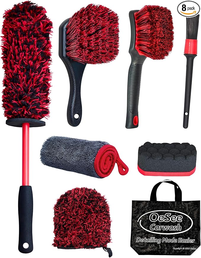 oesee 8PCS Wheel Cleaning Kit with Microfiber Brush & Rubber Grip Tire Brush, Twist Loop Drying Towel, Detailing Brush, Applicator for Car Rim and Tire Care