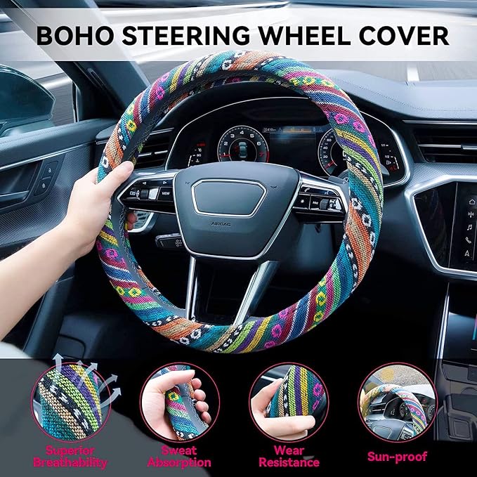 Boho Steering Wheel Cover Elastic Microfiber for Women, Universal Fit 15 inch Car SUV, Hippie Style Protector Cover, Anti-Slip, Breathable, Absorbing Sweat - 01
