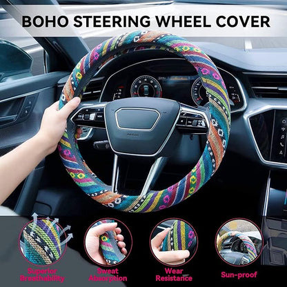 Boho Steering Wheel Cover Elastic Microfiber for Women, Universal Fit 15 inch Car SUV, Hippie Style Protector Cover, Anti-Slip, Breathable, Absorbing Sweat - 01