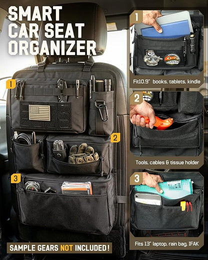 All in One Car Seat Back Organizer, Heavy Duty Molle Panel Seat Back Protector with Multi-Pockets Storage for Tools, Camping, Travel, Fit Most Cars SUV Trucks Jeeps Pickups