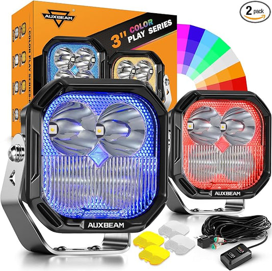 Auxbeam Color Play Series RGB Cube LED Pods, 3-Inch Spot Flood Combo Multi Color Changing Ambient Lights, RGBW 7-Color Backlight Bumper Off-Road Lights with Amber White Covers, 2-Pack