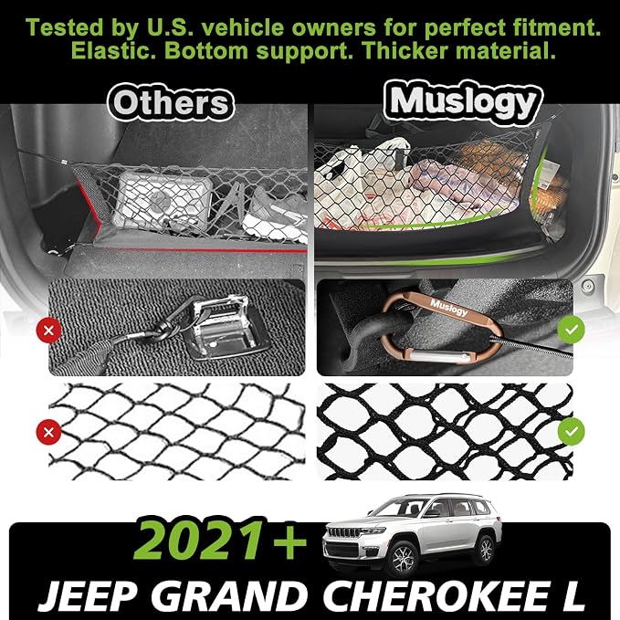 Muslogy Truck Bed Cargo Net Trunk Netting Compatible with 2021-2025 2026 Jeep Grand Cherokee L (3-Row GCL) Accessories, Pickup Cargo Organizer SUV Sedan Storage Net w/Heavy Duty Carabiners